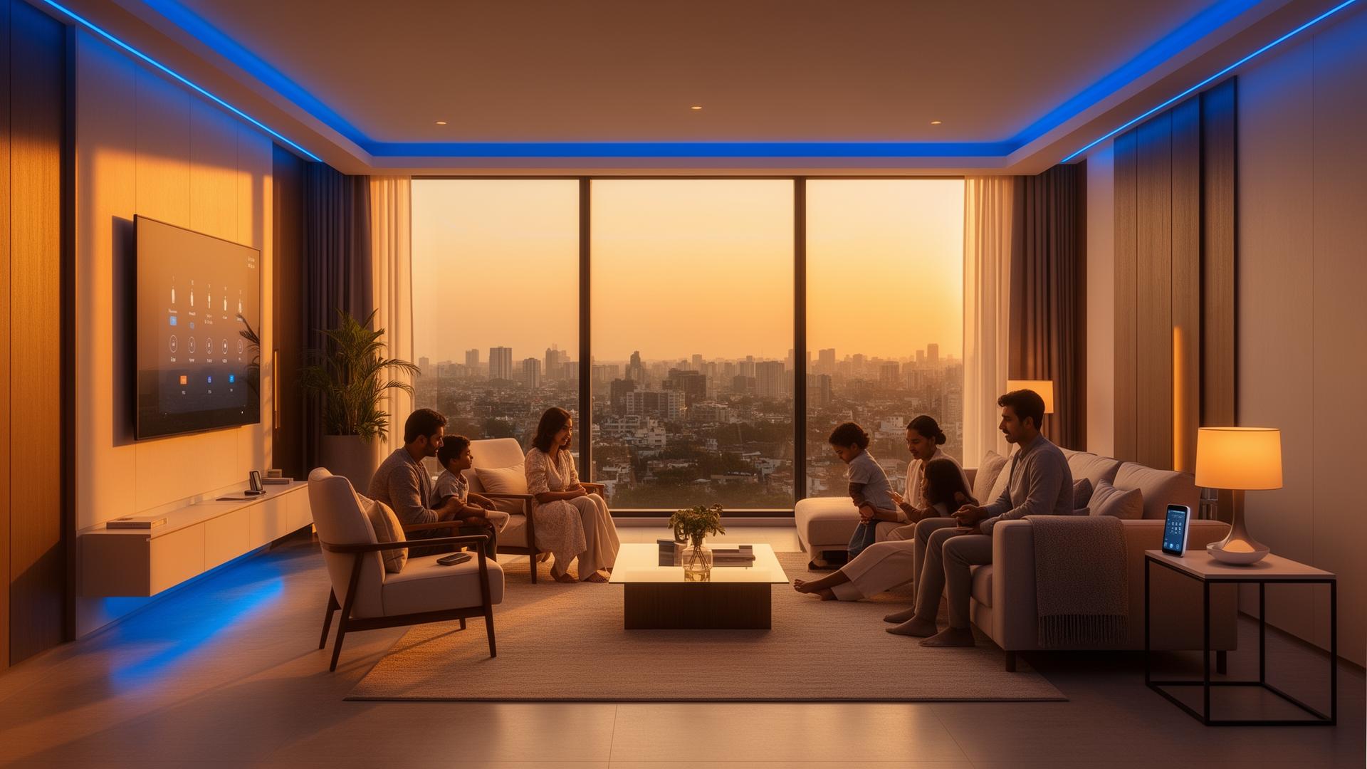 Modern smart home apartment with ambient lighting